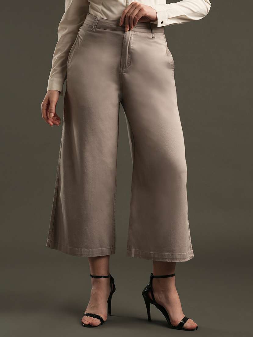 globus women clay satin stretchable mid-rise relaxed fit flat front cropped wide leg formal trousers