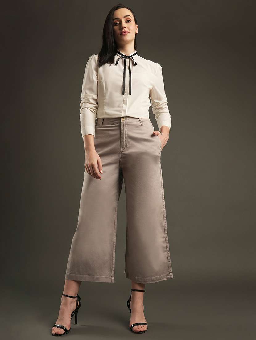 globus women clay satin stretchable mid-rise relaxed fit flat front cropped wide leg formal trousers - 21534464 -  Standard Image - 3