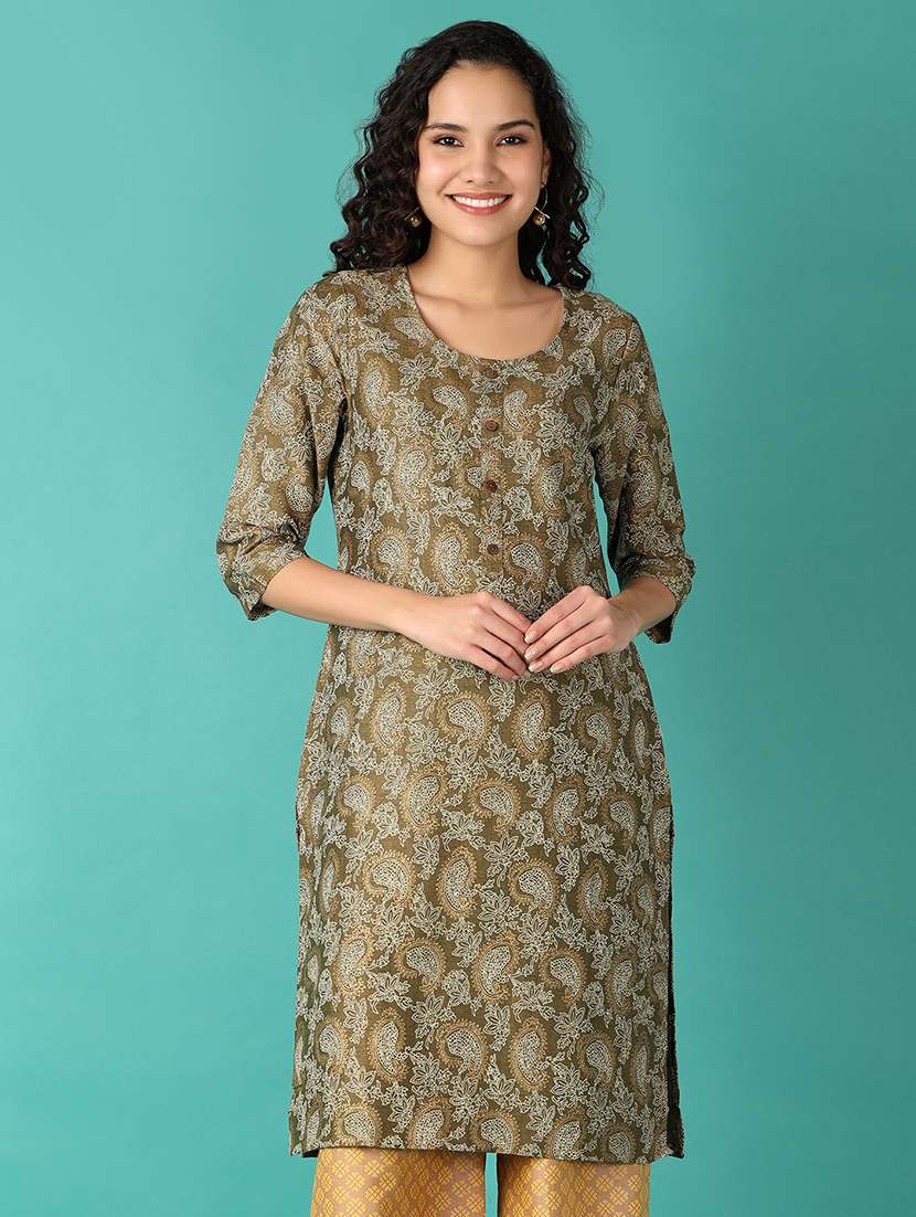 women paisley printed three quarter sleeve straight kurta - 21535872 -  Zoom Image - 0
