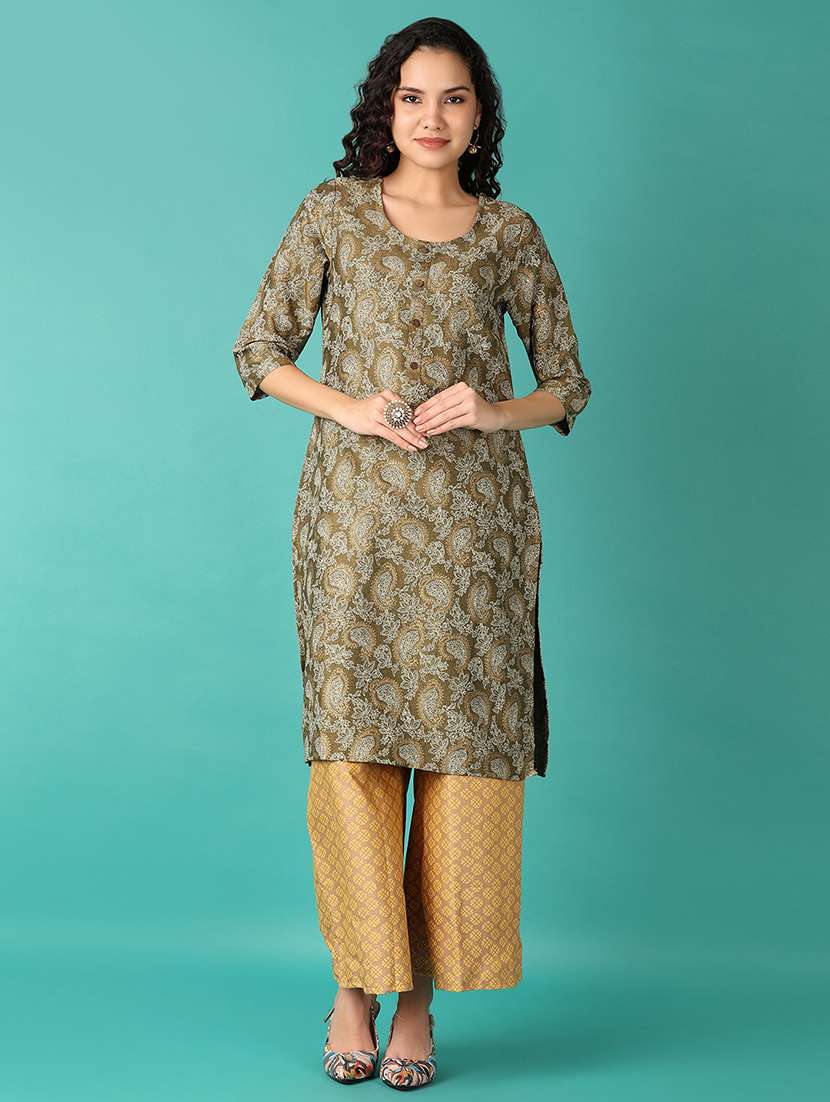 women paisley printed three quarter sleeve straight kurta - 21535872 -  Standard Image - 3