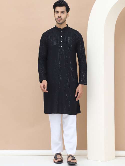men mandarin neck sequins work long kurta - 21536263 -  Standard Image - 0