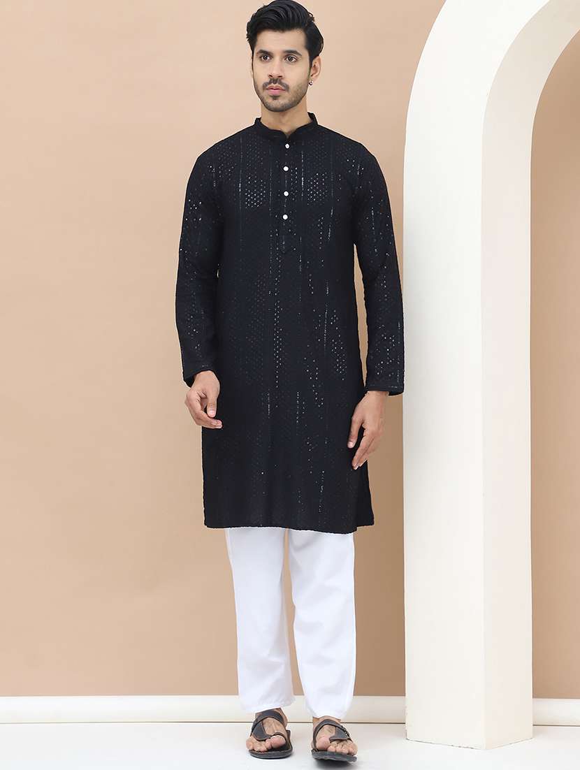 men mandarin neck sequins work long kurta