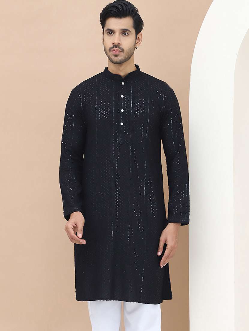 men mandarin neck sequins work long kurta - 21536263 -  Standard Image - 3