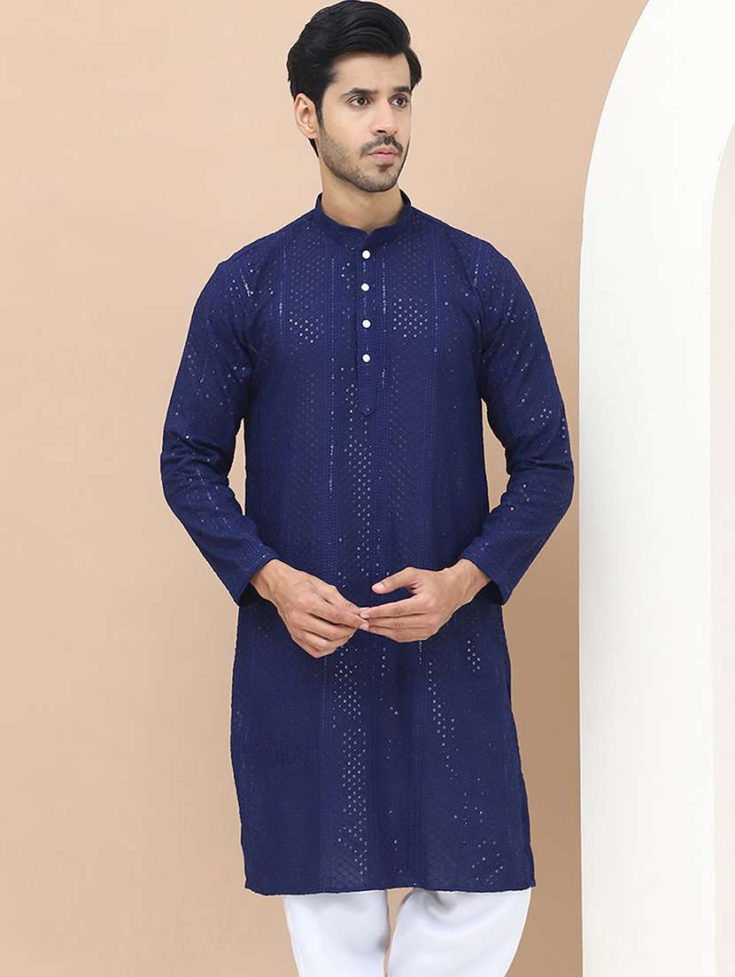 men mandarin neck sequins work long kurta - 21536264 -  Standard Image - 3