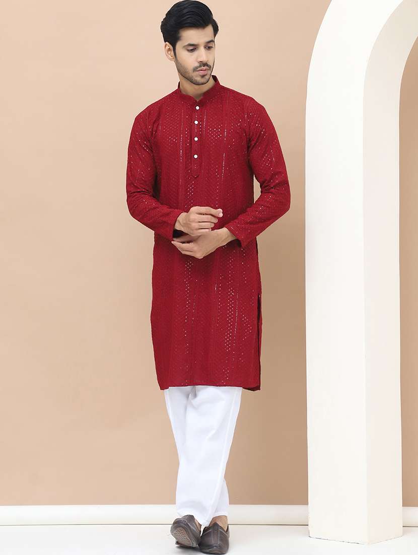 men mandarin neck sequins work long kurta