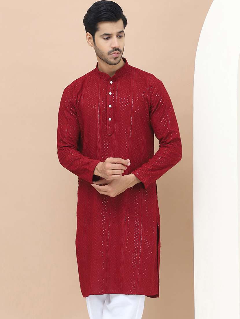men mandarin neck sequins work long kurta - 21536265 -  Standard Image - 3