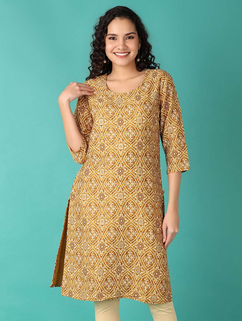 women printed three quarter sleeve straight kurta