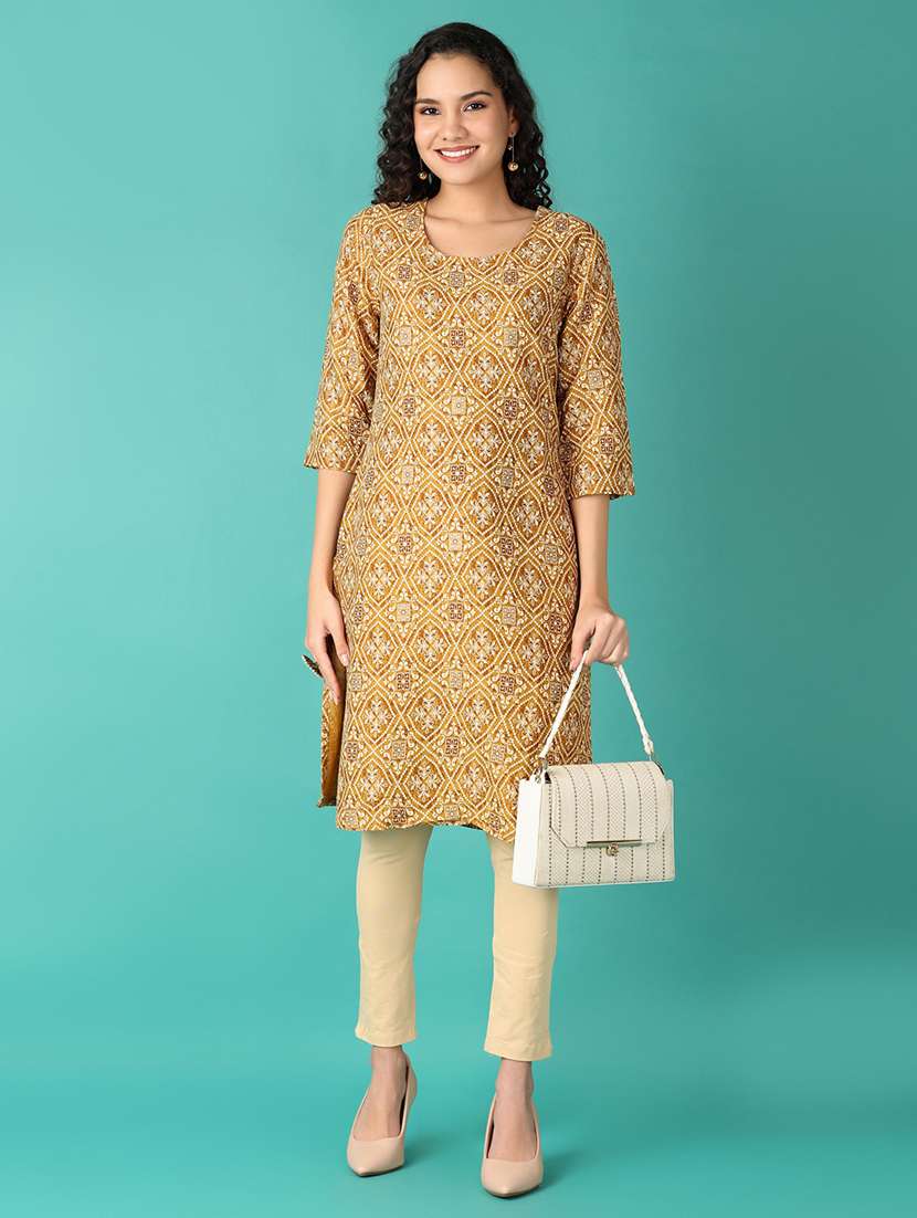 women printed three quarter sleeve straight kurta - 21536422 -  Standard Image - 3