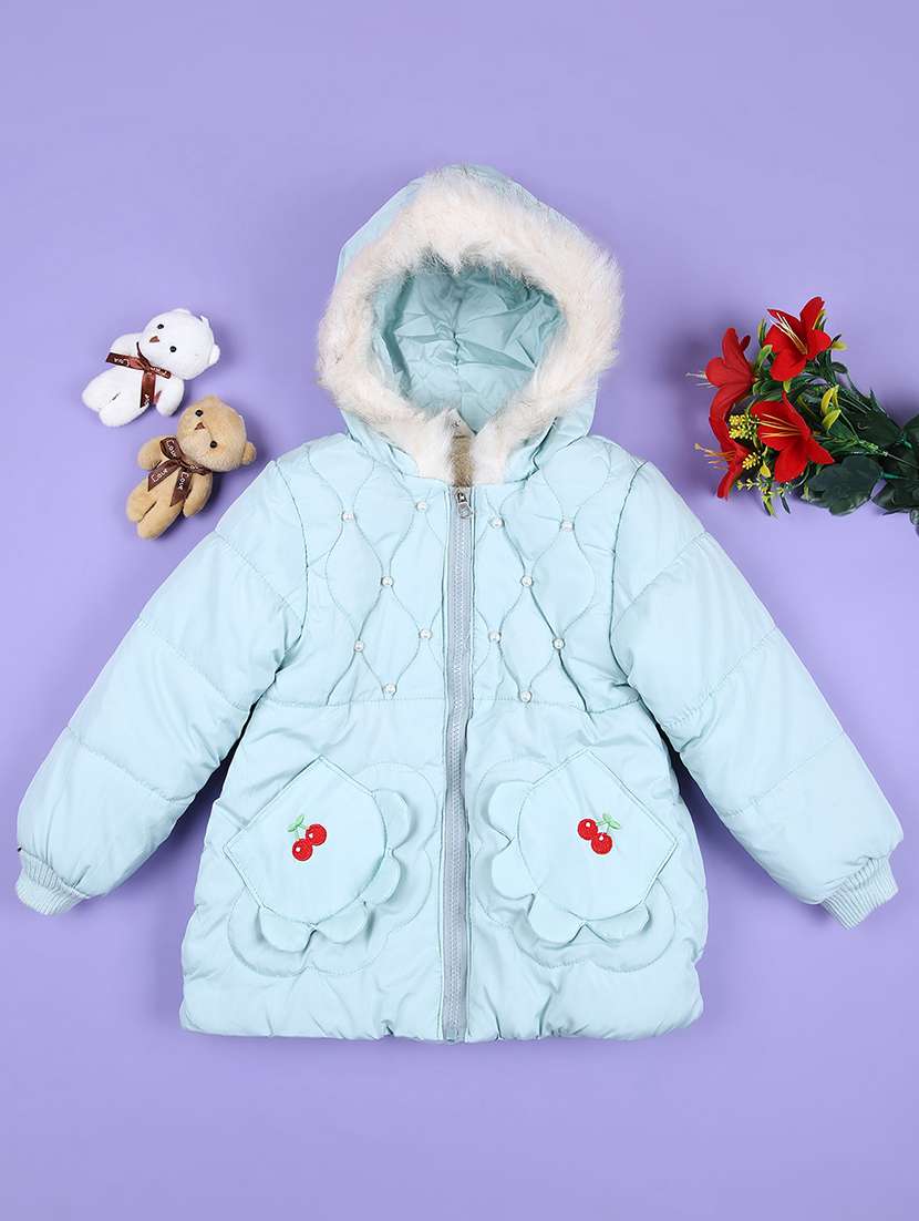 girls solid sea green cotton quilted hooded jacket