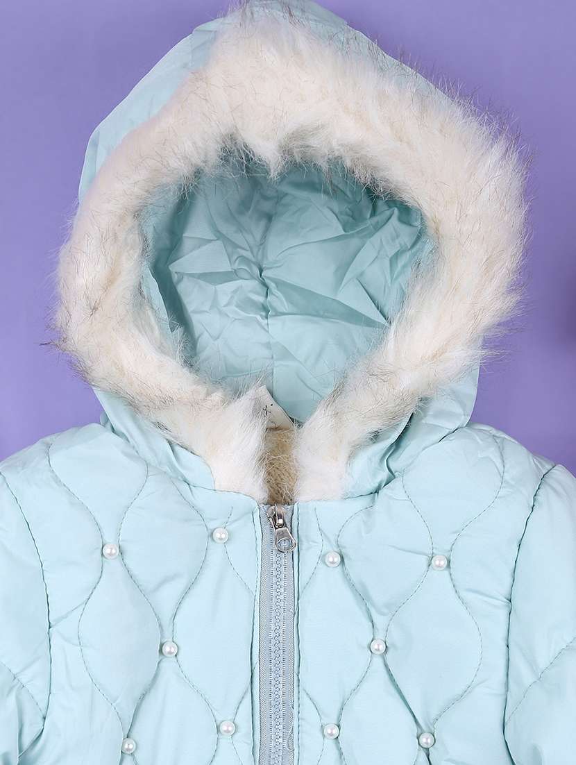 girls solid sea green cotton quilted hooded jacket - 21536569 -  Standard Image - 3