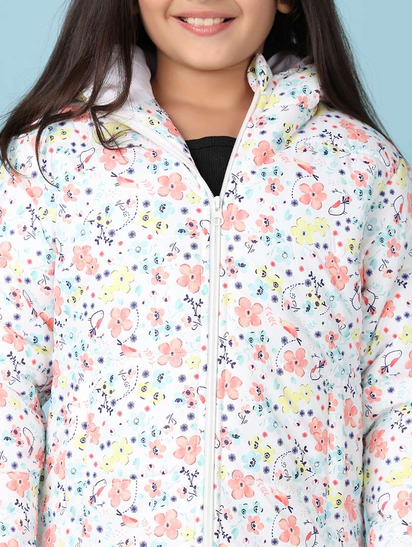 girls white floral printed hooded neck jacket - 21536572 -  Standard Image - 5