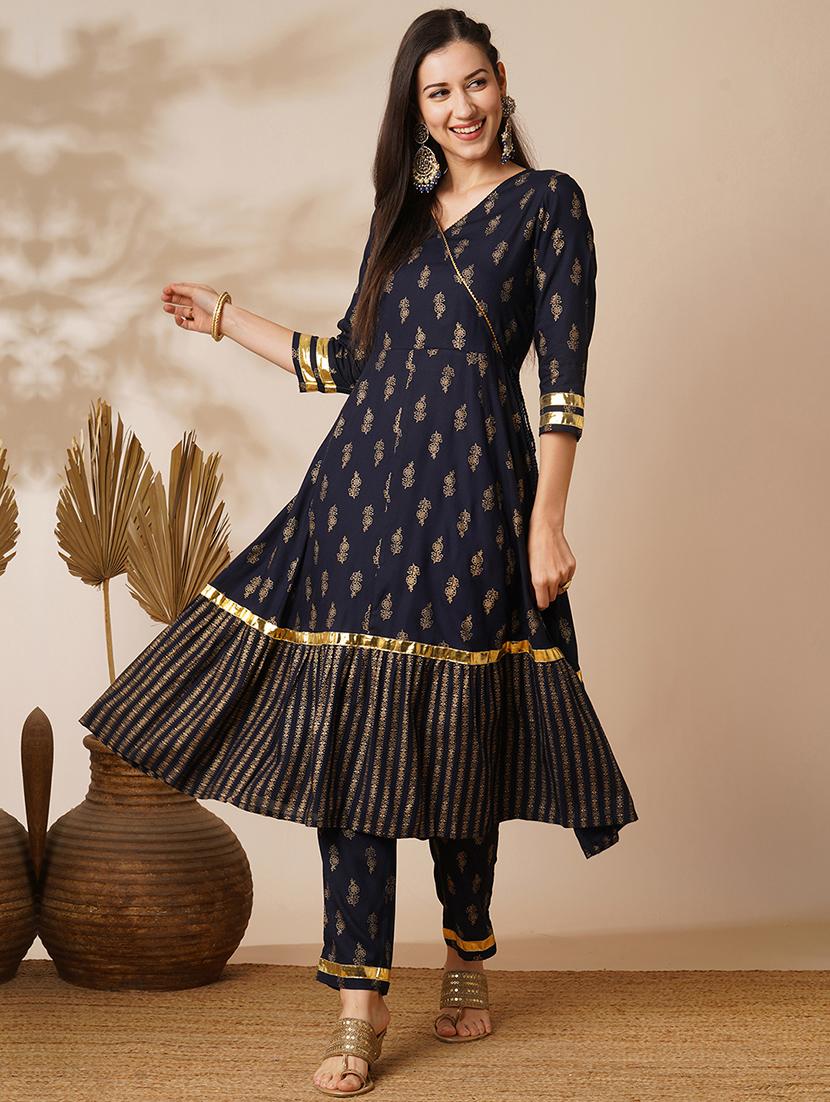 globus women navy v-neck floral printed gotta lace angrakha anarkali kurta with elasticated pants festive set - 21536816 - Zoom Image - 0
