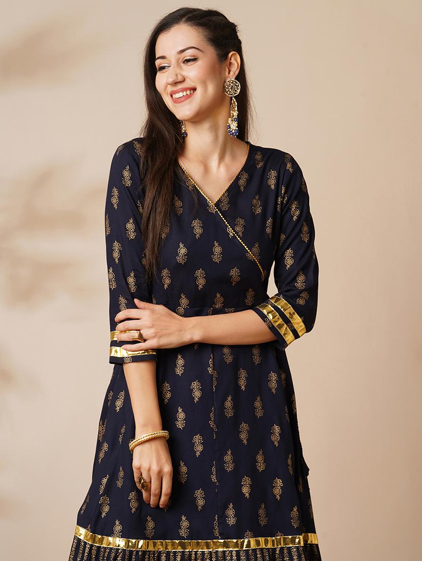 globus women navy v-neck floral printed gotta lace angrakha anarkali kurta with elasticated pants festive set - 21536816 - Standard Image - 3