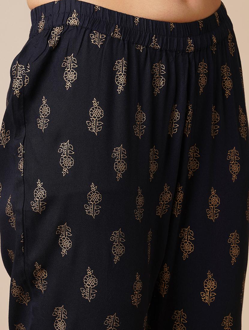 globus women navy v-neck floral printed gotta lace angrakha anarkali kurta with elasticated pants festive set - 21536816 - Standard Image - 5