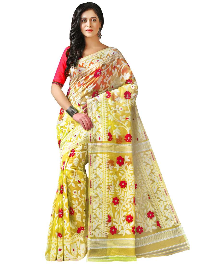 women yellow self design jamdani saree - 21537076 -  Zoom Image - 0