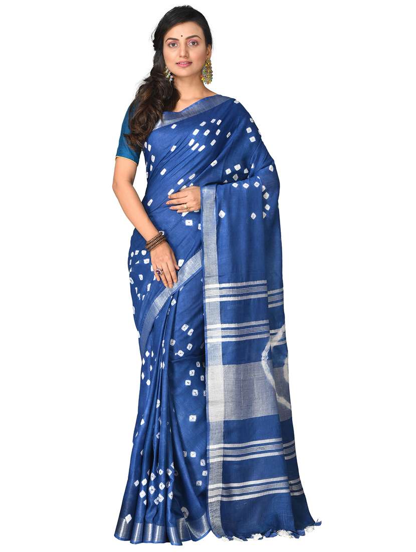 blue bandhani print handloom saree