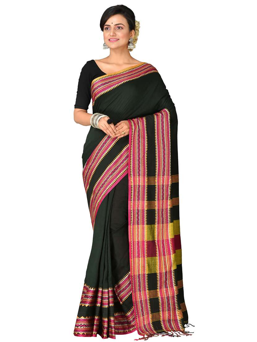 women black solid with bordered handloom saree