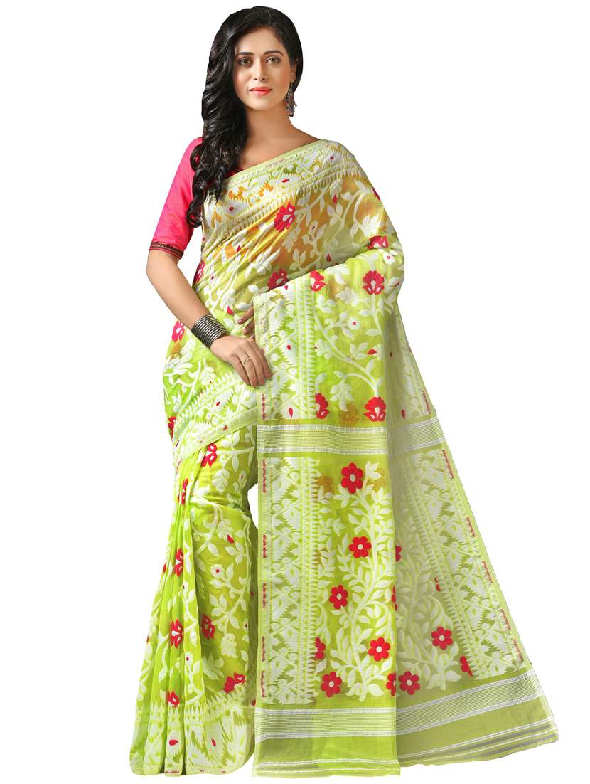green self design jamdani saree