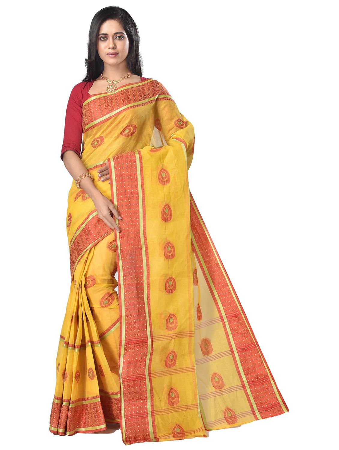 yellow self design handloom saree - 21537200 - Zoom Image - 0