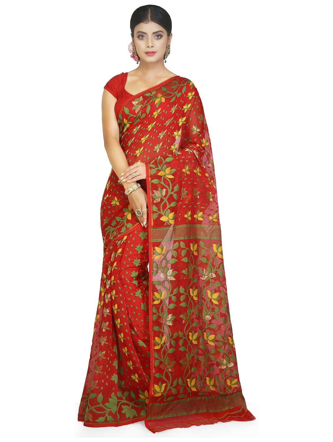 women red jamdani saree - 21537490 - Zoom Image - 0