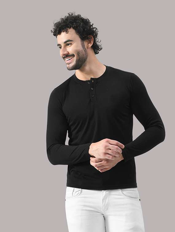 men solid henley neck long sleeve t-shirt