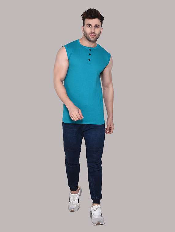 men solid turquoise sleeveless t-shirt - 21537581 - Standard Image - 3