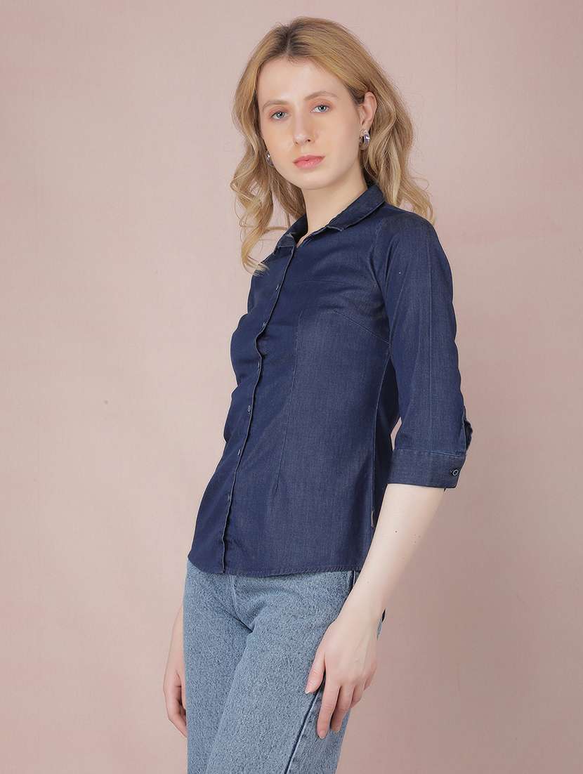 women solid collared slim fit shirt