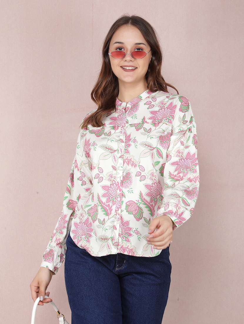 women floral printed mandarin collared shirt