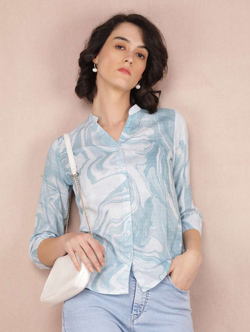 women printed mandarin neck shirt