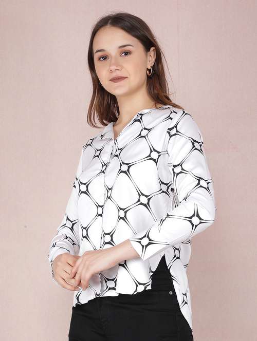 women printed collared high low shirt - 21537730 -  Standard Image - 0