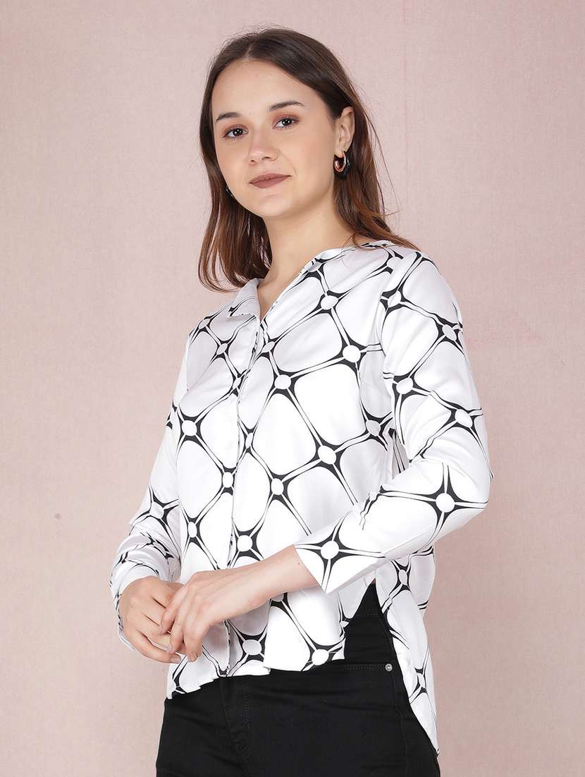 women printed collared high low shirt