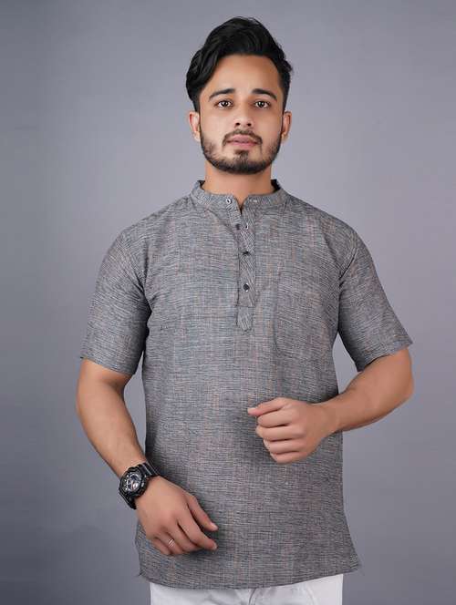 men self design mandarin neck short kurta - 21537838 - Standard Image - 0