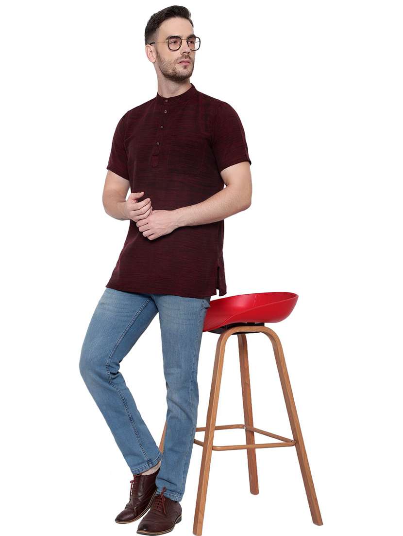 men self design mandarin neck short sleeve short kurta - 21537930 -  Standard Image - 3