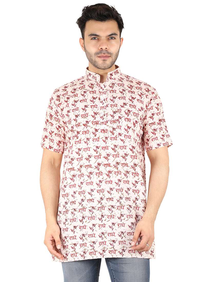 men printed mandarin neck short sleeve short kurta