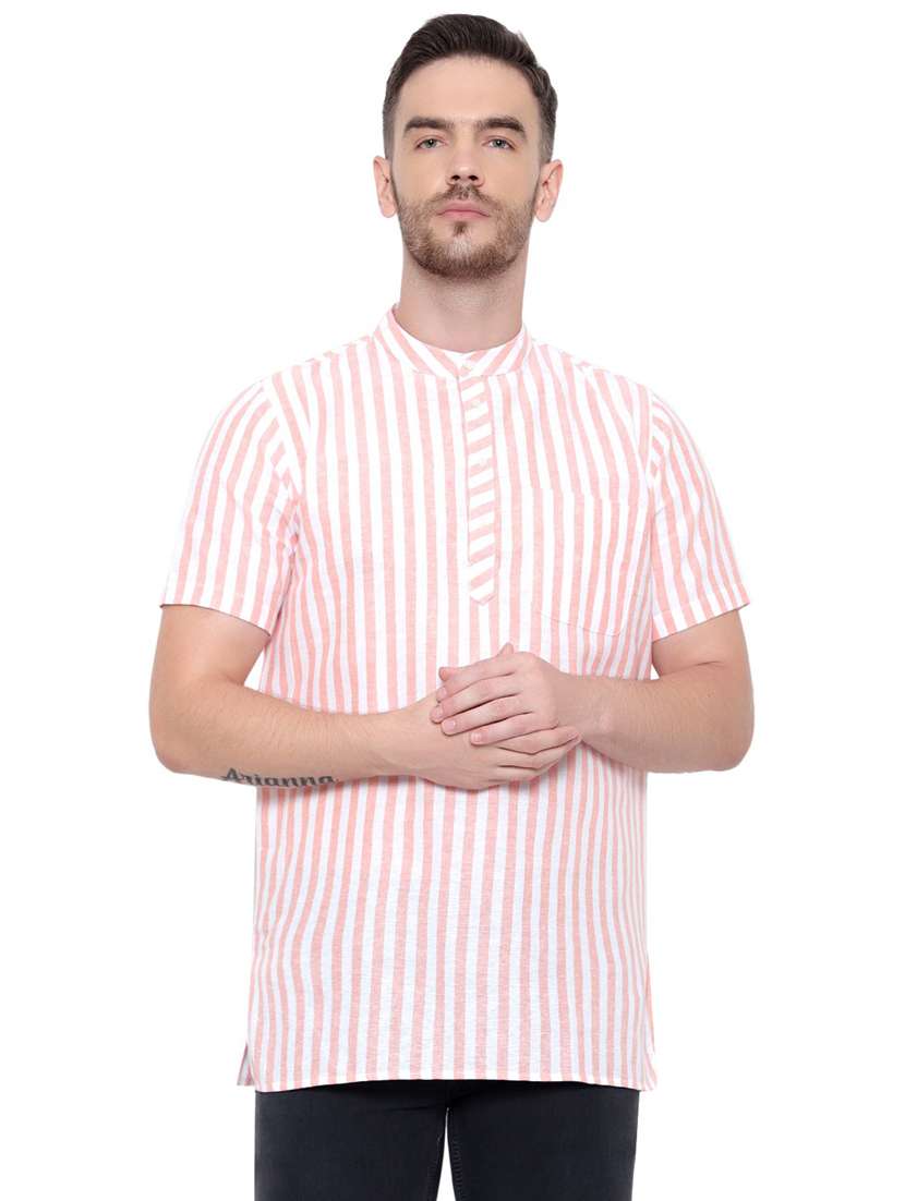 men striped mandarin neck short sleeve short kurta