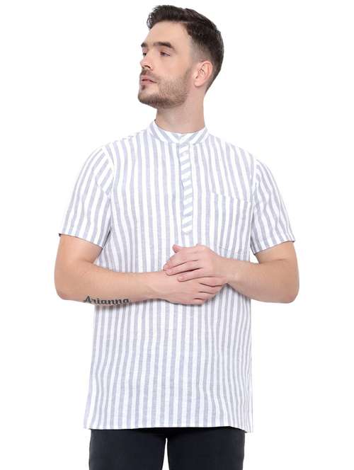 men striped mandarin neck short sleeve short kurta - 21537942 - Standard Image - 0