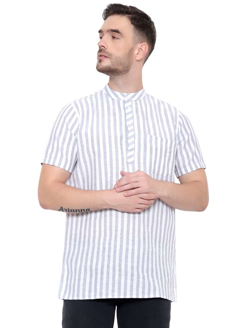 men striped mandarin neck short sleeve short kurta - 21537942 - Zoom Image - 0