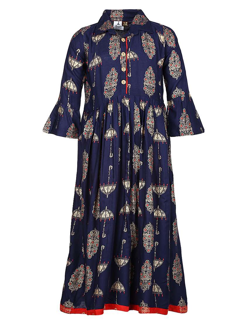 girls printed collared long flared kurti