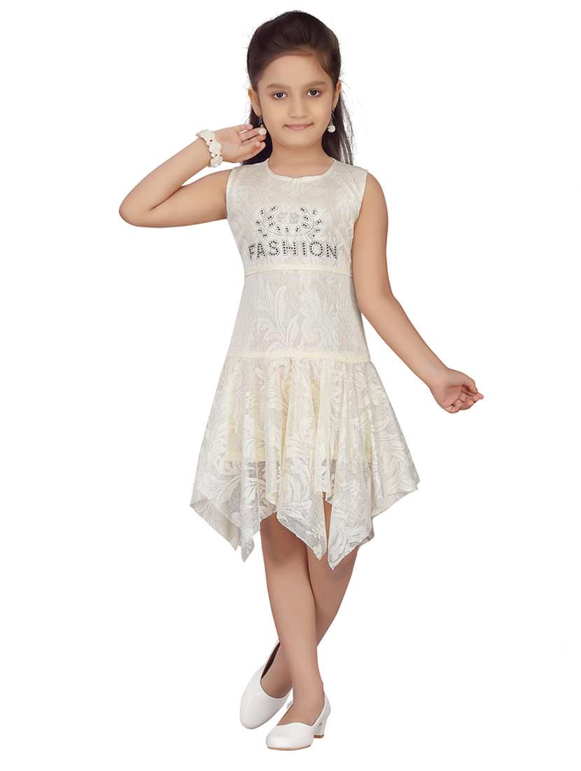 girls self design sleeveless asymmetric frock