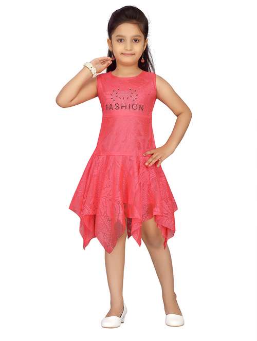 girls self design sleeveless asymmetric frock - 21538430 -  Standard Image - 0