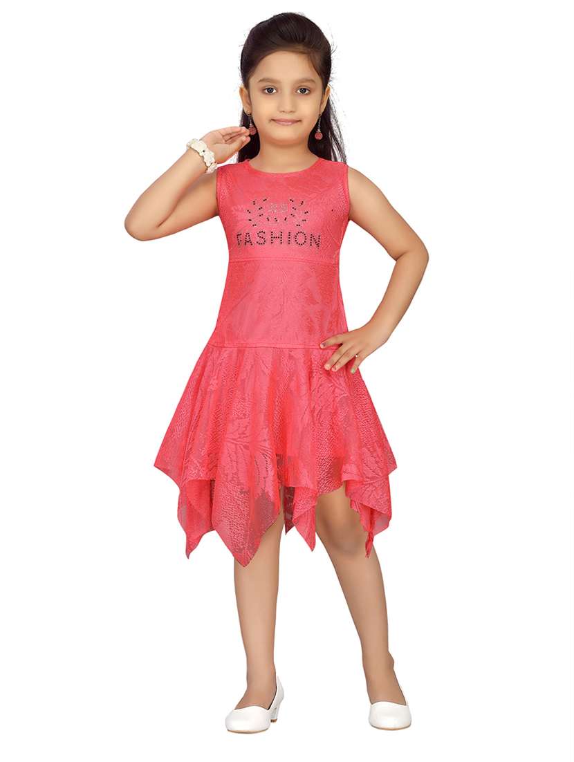 girls self design sleeveless asymmetric frock
