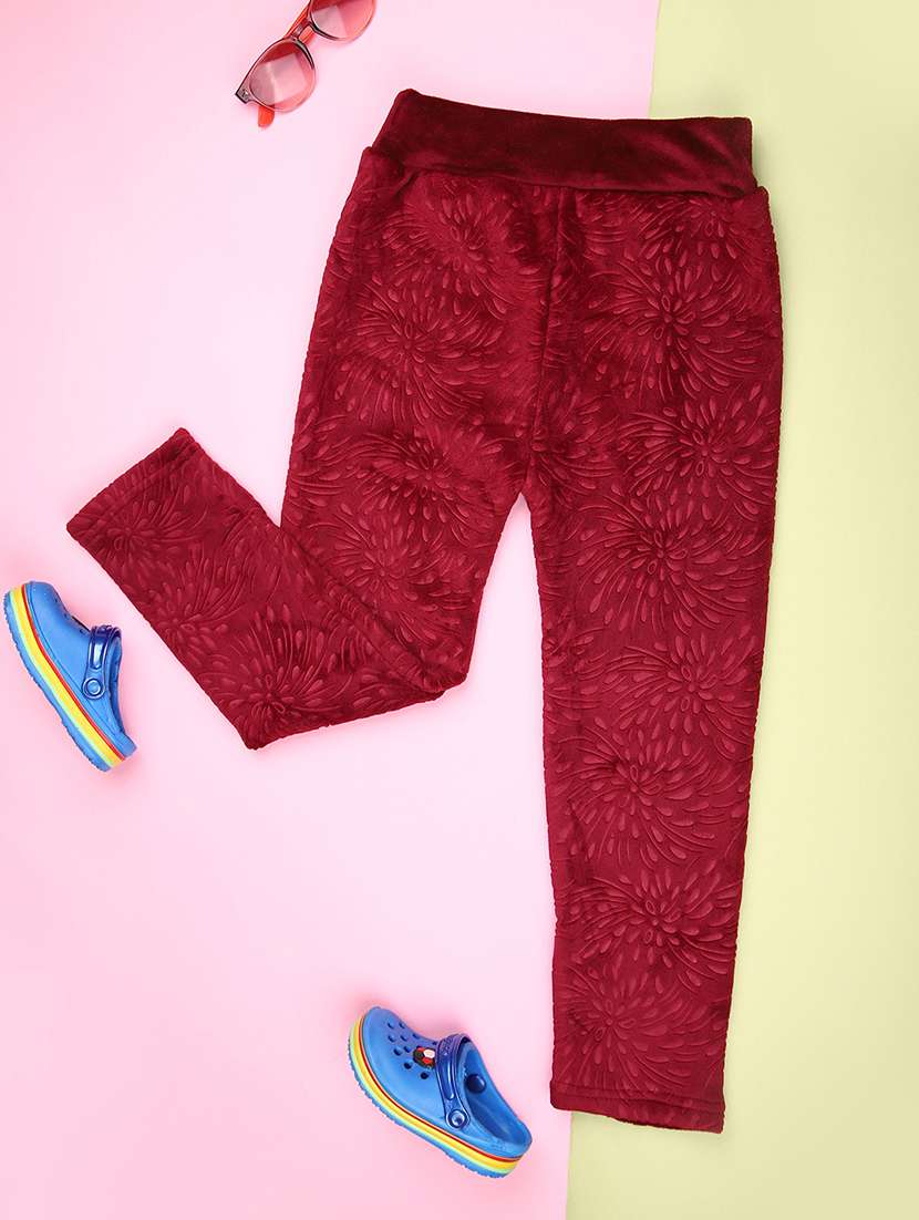 girls maroon self designed velvet legging