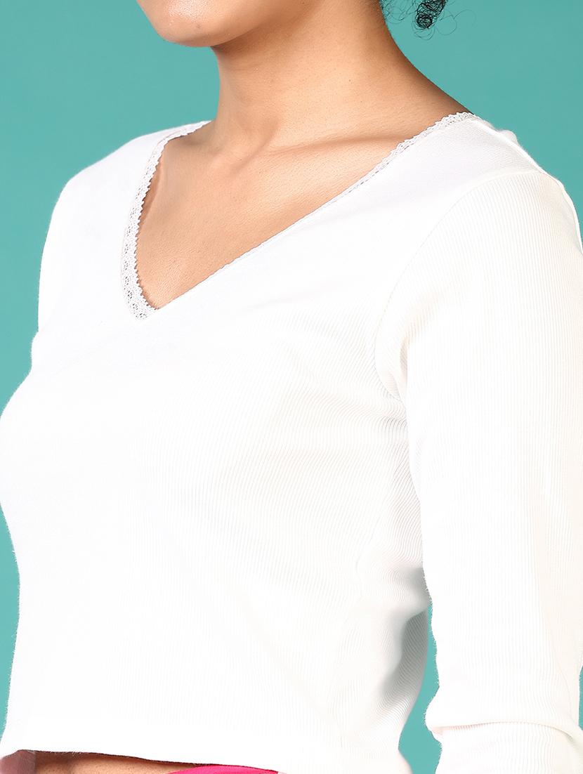 women solid v-neck crop t-shirt - 21538643 - Standard Image - 5