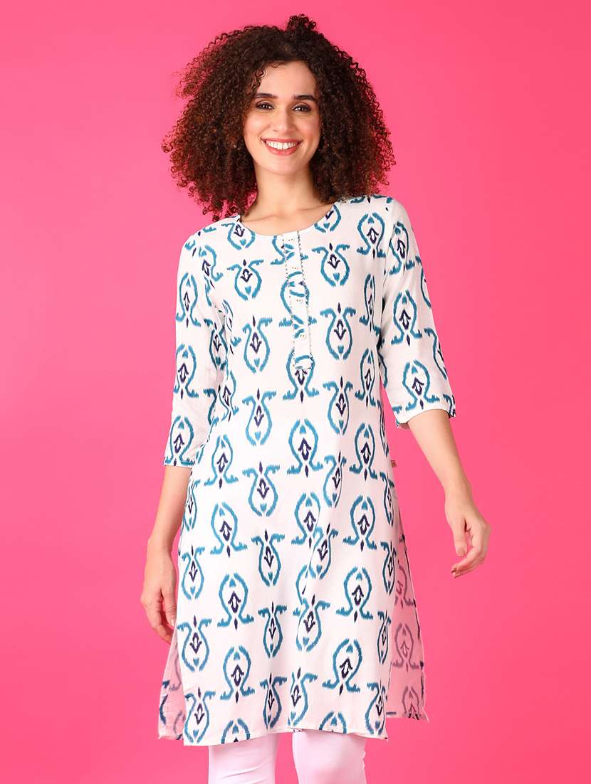 women printed three quarter sleeve straight kurta - 21538671 -  Zoom Image - 0