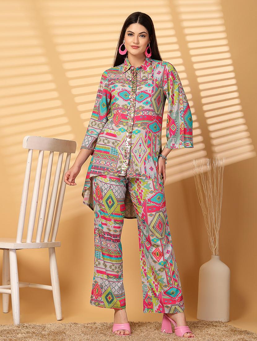women printed sequins detailed top & palazzo co-ord set