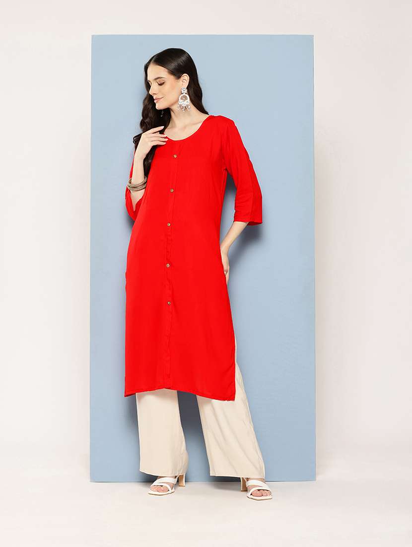 women solid round neck straight kurta