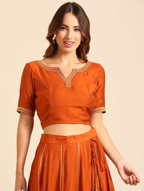women orange notch neck stitched blouse