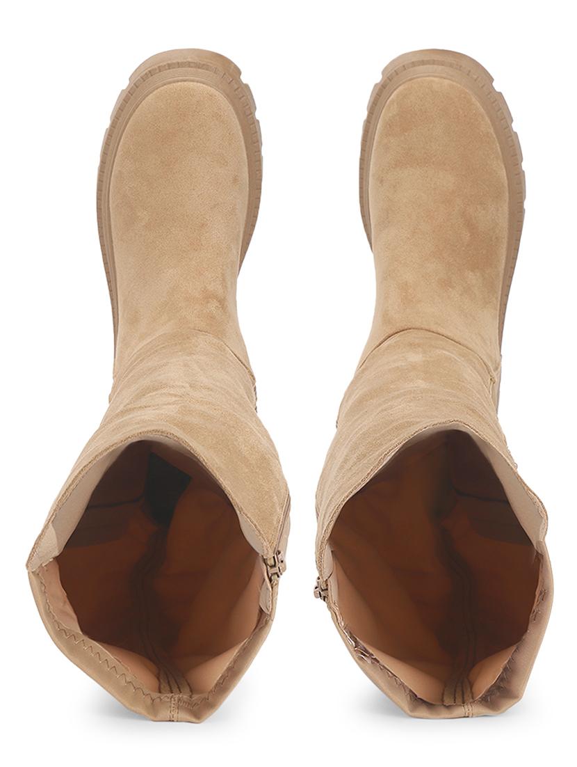 women solid beige knee length suede zipper boots - 21539160 - Standard Image - 3