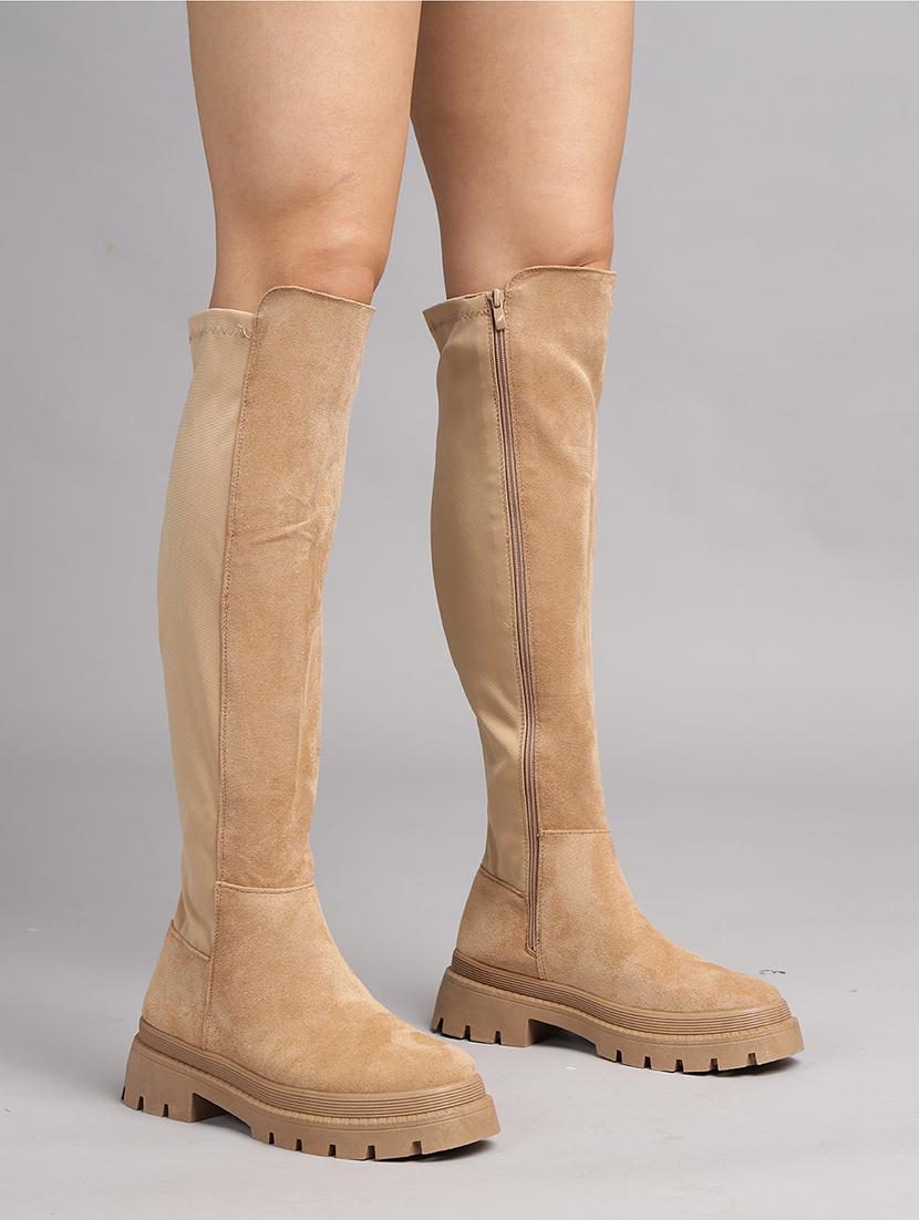 women solid beige knee length suede zipper boots - 21539160 - Standard Image - 5