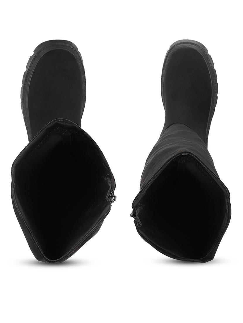 women solid black knee length suede zipper boots - 21539161 - Standard Image - 3